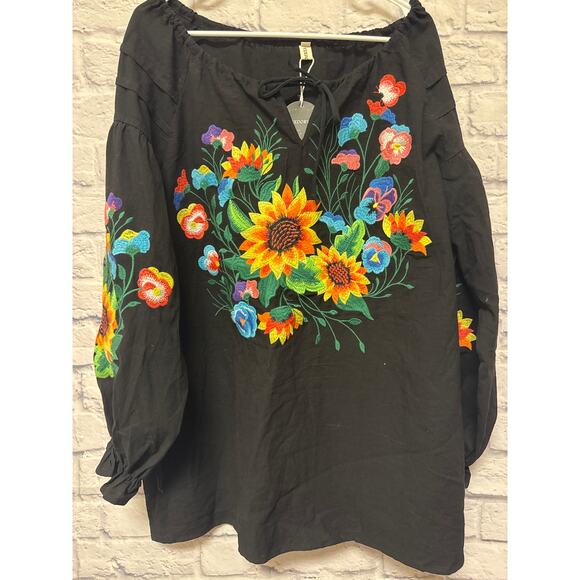 YZXDORWJ Black Floral Embroidered Peasant Top Blouse XZ 3XL NEW w/tags - Picture 1 of 5